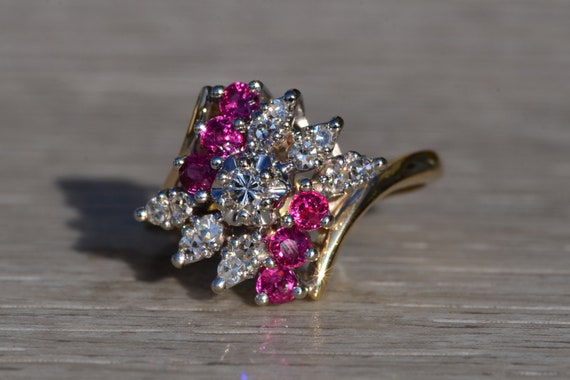 Ladies 14K Two Tone Ruby and Diamond Cluster Bypa… - image 1