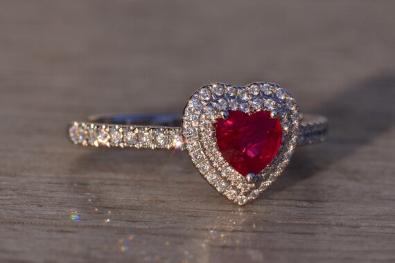 Heart Shaped Natural Ruby and Double Halo Natural… - image 5