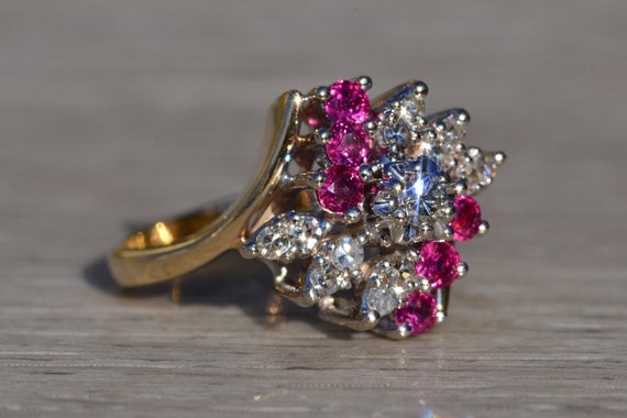 Ladies 14K Two Tone Ruby and Diamond Cluster Bypa… - image 6