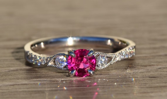 Ladies Custom Vivid Pink Sapphire and Diamond Eng… - image 1