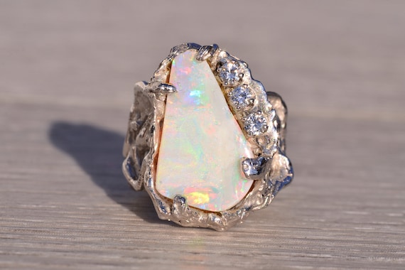 Natural Australian Opal in Free Formed White Gold With Natural Diamonds