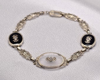 Antique Art Deco Camphor Glass Bracelet set with Diamonds and Onyx