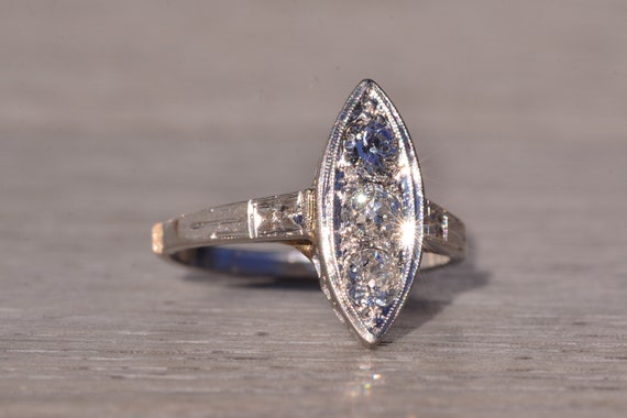 Antique Navette Shaped Natural Diamond Ring in Pl… - image 5