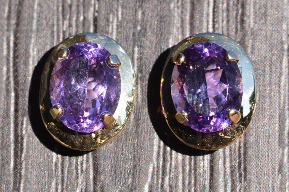 Ladies 14K Yellow Gold Amethyst Stud Earrings - image 1