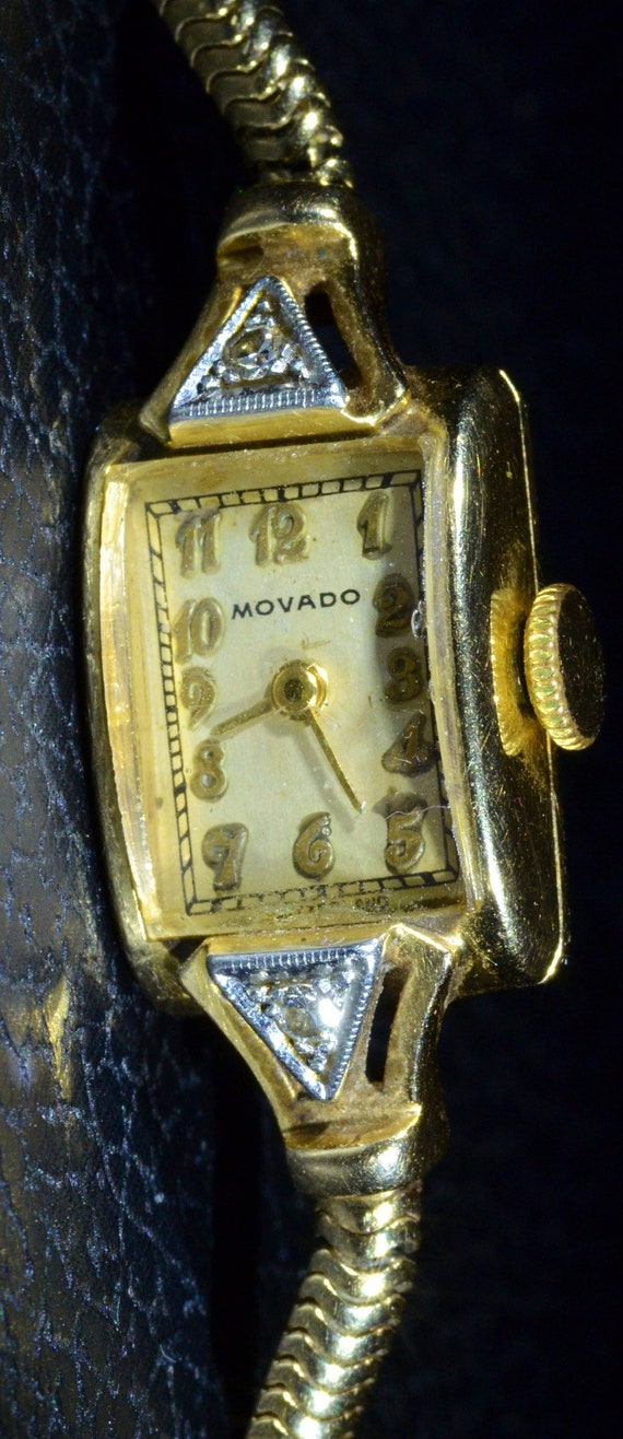Ladies Art Deco Yellow Gold Movado Watch with Diam