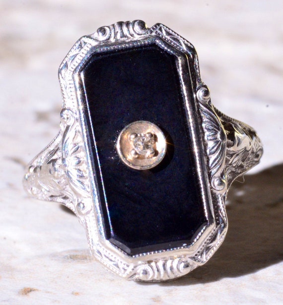 Antique Filigree Ring set with Onyx and Diamond - image 1