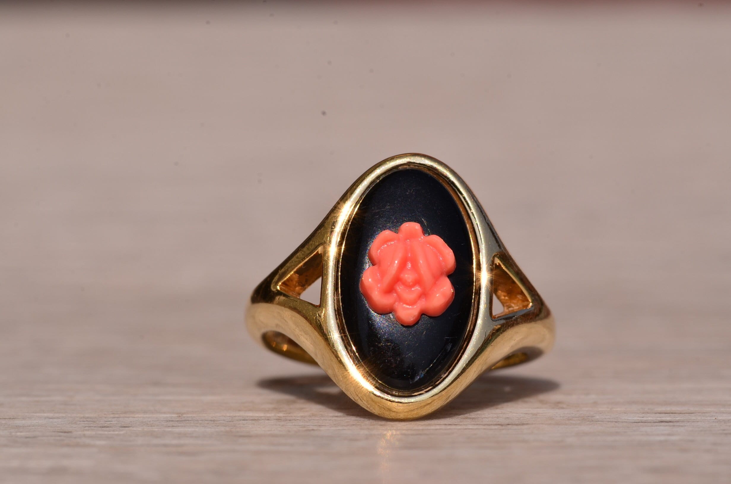 Gold Filled Avon Midnight Rose Ring with Black Onyx and Coral Rose