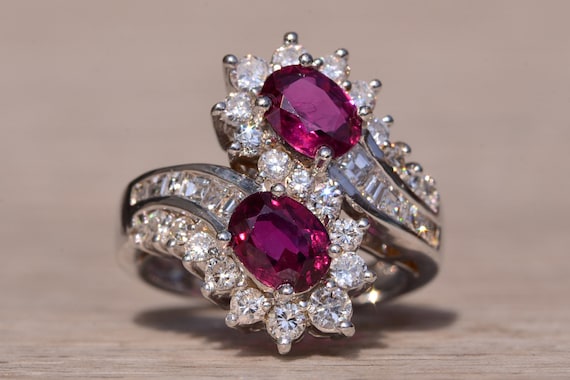 Natural Double Ruby Bypass Ring with Diamonds - image 1