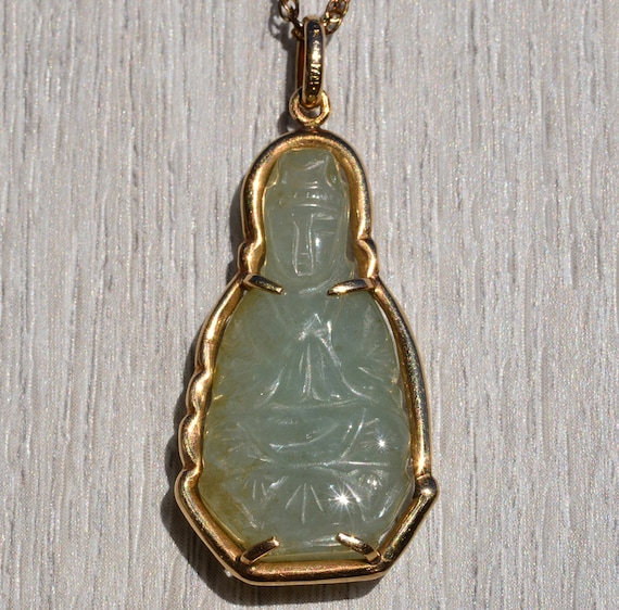 Hand Carved Jade Kwan guan Yin Pendant in Custom Made Yellow Gold Frame Etsy Canada
