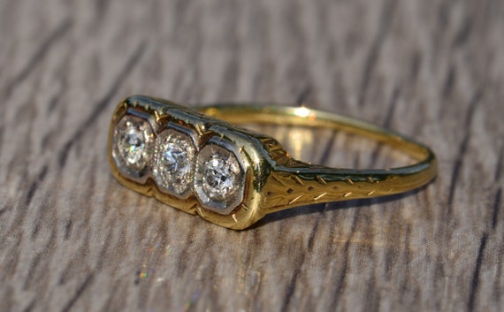 Antique Three Stone Diamond Ring in Yellow Gold - image 2