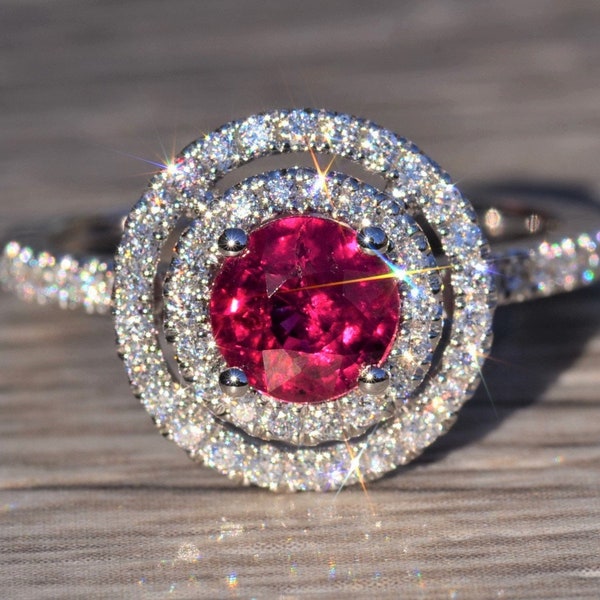 Double Halo Ruby and Diamond Ring in 14 Karat White Gold