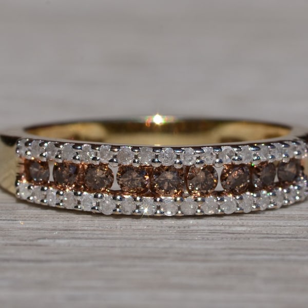 Brown and White Diamond Stackable Band in Yellow Gold