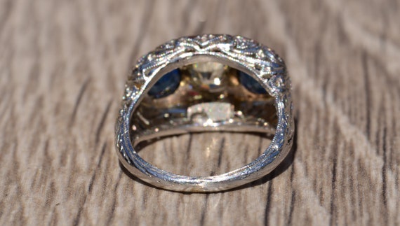 Sapphire and Diamond Filigree Three Stone Ring - image 4