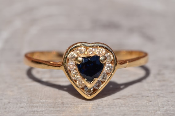 Deep Blue Heart Shaped Sapphire Ring with Diamond… - image 1