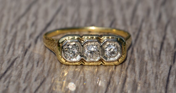 Antique Three Stone Diamond Ring in Yellow Gold - image 1