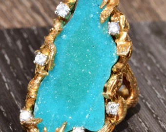 Vintage Brutalist Druzy Ring in Yellow Gold with Diamonds