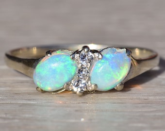 Ladies 14K Two Stone Ring set with Australian Opal and Diamonds