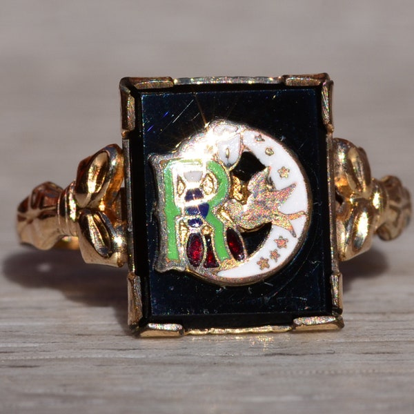 Daughters of Rebekah Gold Filled Odd Fellows Fraternal Ring with Onyx and Enamel