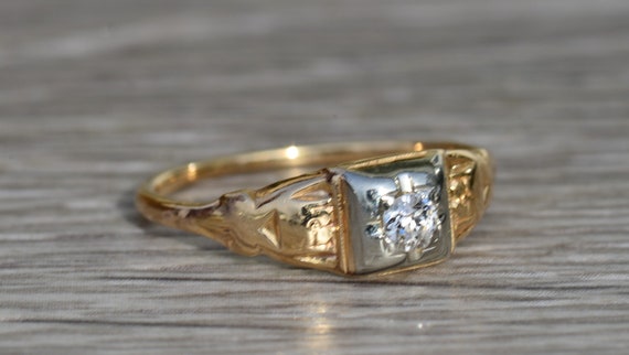 Ladies Antique 14K Two Tone Diamond Engagement Ri… - image 5