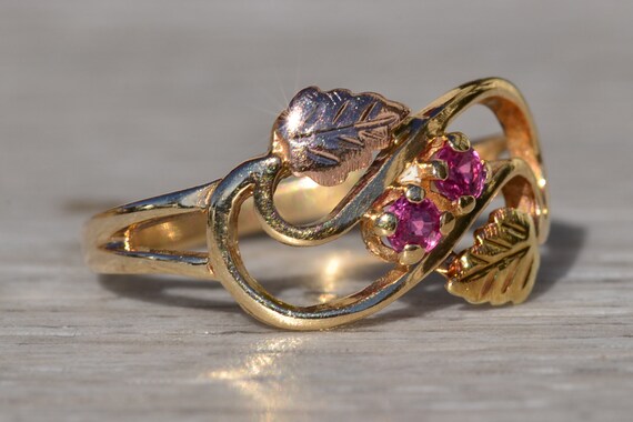 Ladies 14K Two Tone Ruby Leaf Ring - image 5