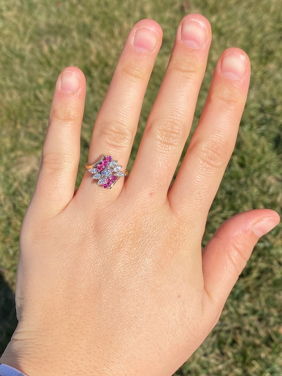 Ladies 14K Two Tone Ruby and Diamond Cluster Bypa… - image 8