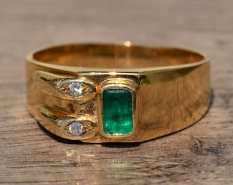 Mid Century Modern Natural Emerald and Diamond Ring