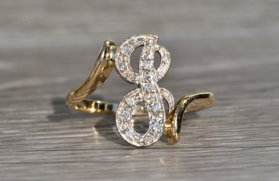 Ladies 14K Two Tone Script J Ring with Diamonds - image 5