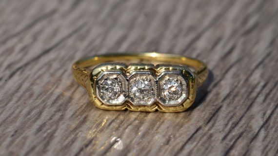 Antique Three Stone Diamond Ring in Yellow Gold - image 7