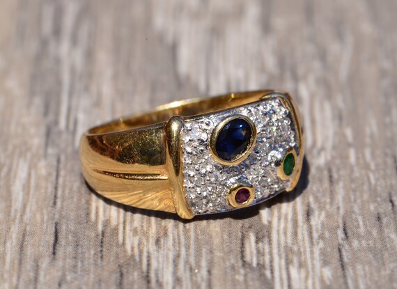 Frosted Cigar Style Ring with Sapphire, Ruby, and… - image 6