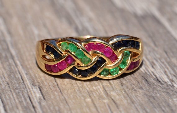 Vintage Ruby, Emerald, And Sapphire Weaved Ring - image 1