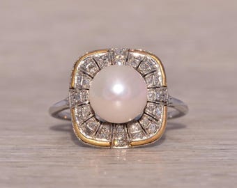 Antique Pearl and Diamond Ring in Platinum