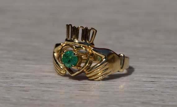 Ladies Yellow Gold Claddaugh Ring set with Emerald - image 2