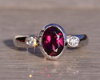 Rhodolite Garnet and Natural Diamond Ring in White Gold