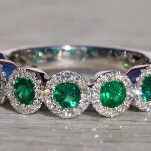 Ladies Signed 18K White Gold Emerald and Diamond Band