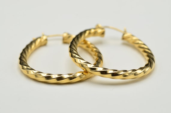 14K Yellow Gold Twisted Elongated Hoop Earrings - image 1