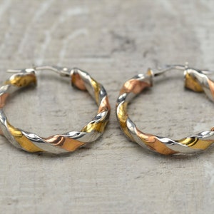 Ladies Tri Color 14K Gold Twist Hoop Earrings
