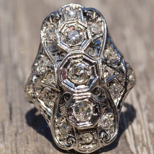 Three Stone Filigree Ring in White Gold