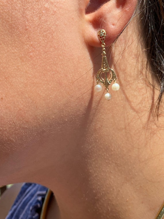 Yellow Gold Pearl Dangler Earrings - image 3