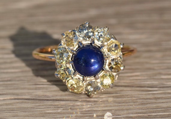 Vintage Platinum Cabochon Sapphire & Diamond Ring - Fereshteh Broumand Inc