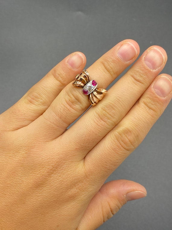 Retro 14K Rose Gold Bow Ring with Diamond and Lab… - image 4