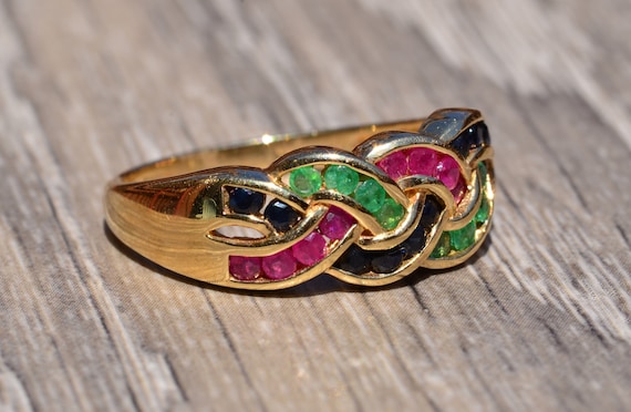 Vintage Ruby, Emerald, And Sapphire Weaved Ring - image 2