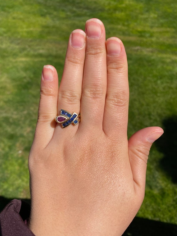 Vintage Yellow Gold Ruby & Sapphire Cocktail Ring - image 6