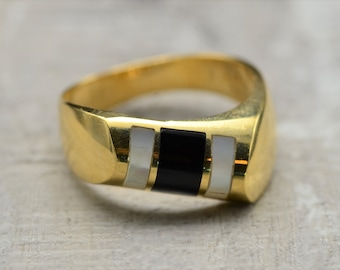 Contemporary Mother of Pearl Ring and Onyx Inlay Ring in 14K Gold