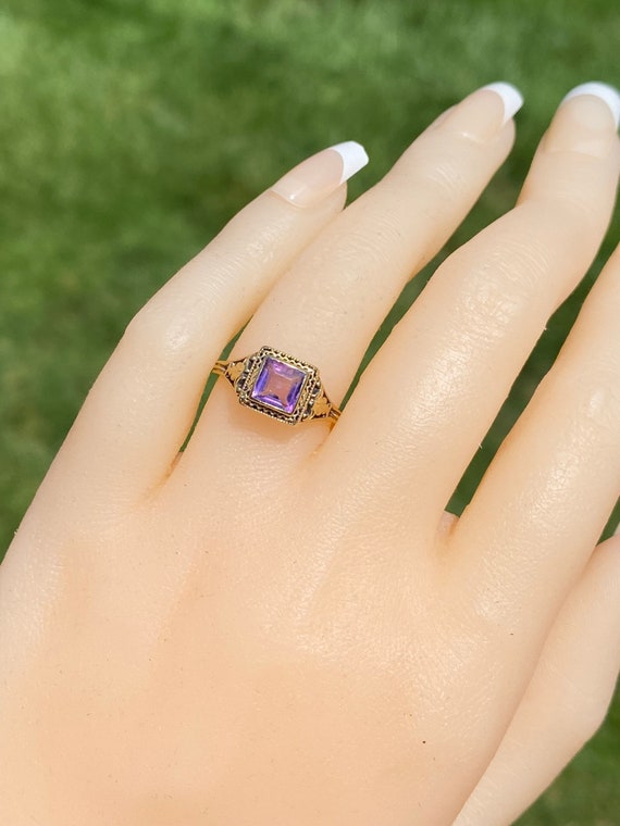 Antique Filigree Ring set with Carre Cut Amethyst - image 8