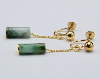 Ladies Gold Filled Jade Dangler Earrings for Non Pierced Ears