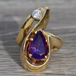 Ladies 14K Mid Century Modern Amethyst and Diamond Cocktail Ring image 1