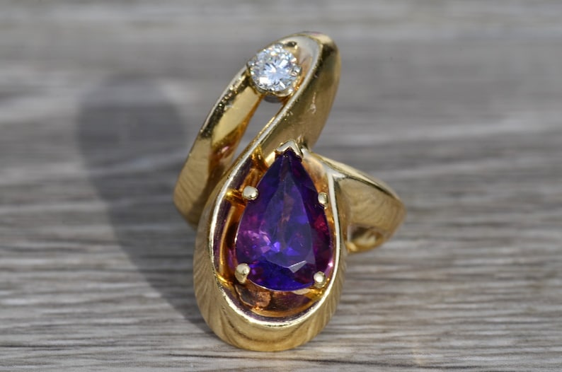 Ladies 14K Mid Century Modern Amethyst and Diamond Cocktail Ring image 1