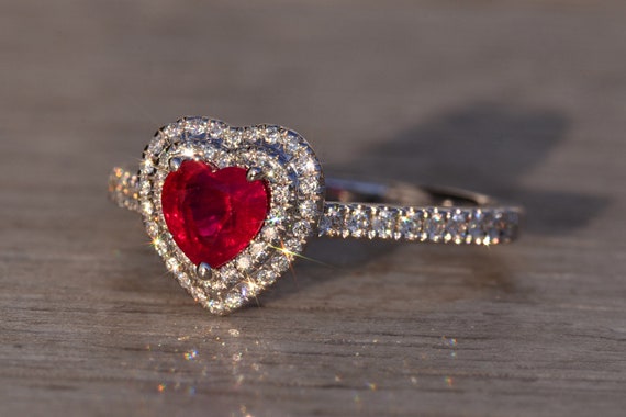 Heart Shaped Natural Ruby and Double Halo Natural… - image 2
