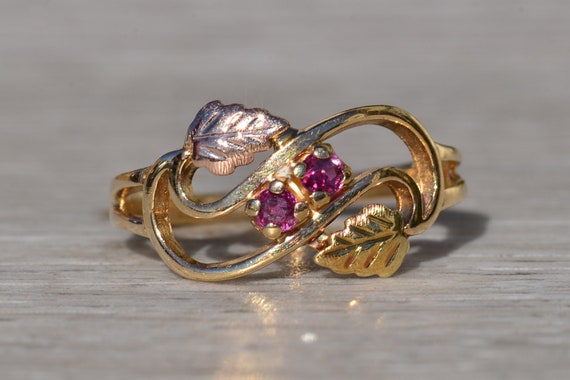 Ladies 14K Two Tone Ruby Leaf Ring - image 1