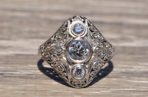 Outstanding Edwardian Three Stone Filigree Ring - image 1